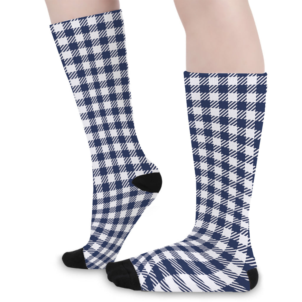 Navy And White Gingham Pattern Print Long Socks