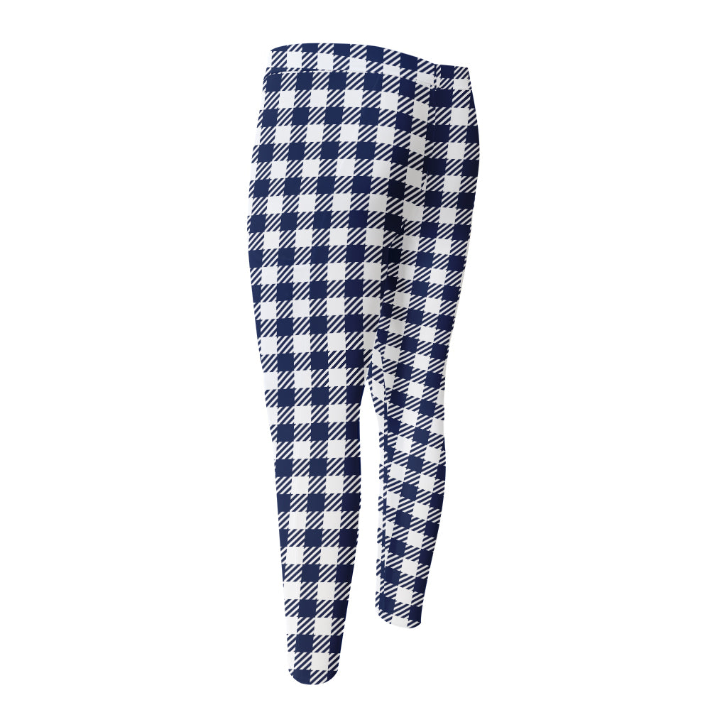 Navy And White Gingham Pattern Print Men's Compression Pants