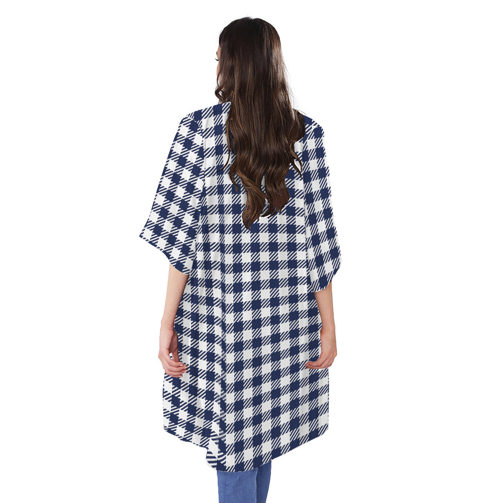 Navy And White Gingham Pattern Print Open Front Beach Cover Up
