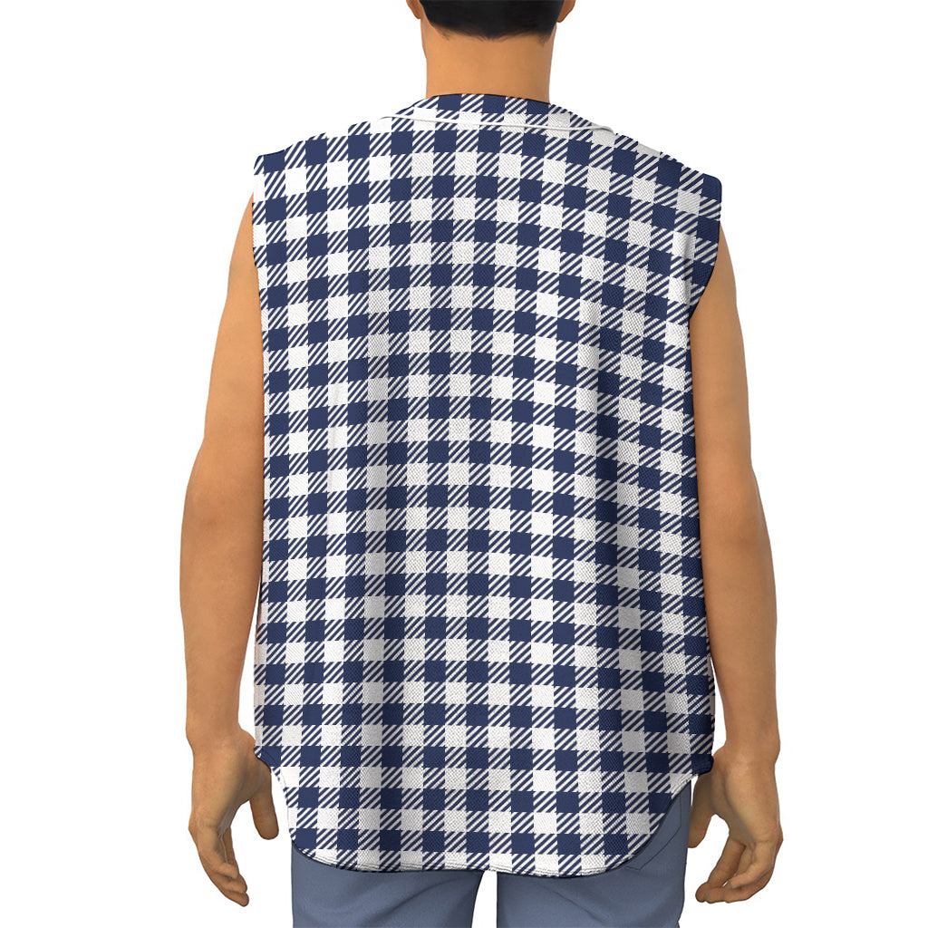 Navy And White Gingham Pattern Print Sleeveless Baseball Jersey