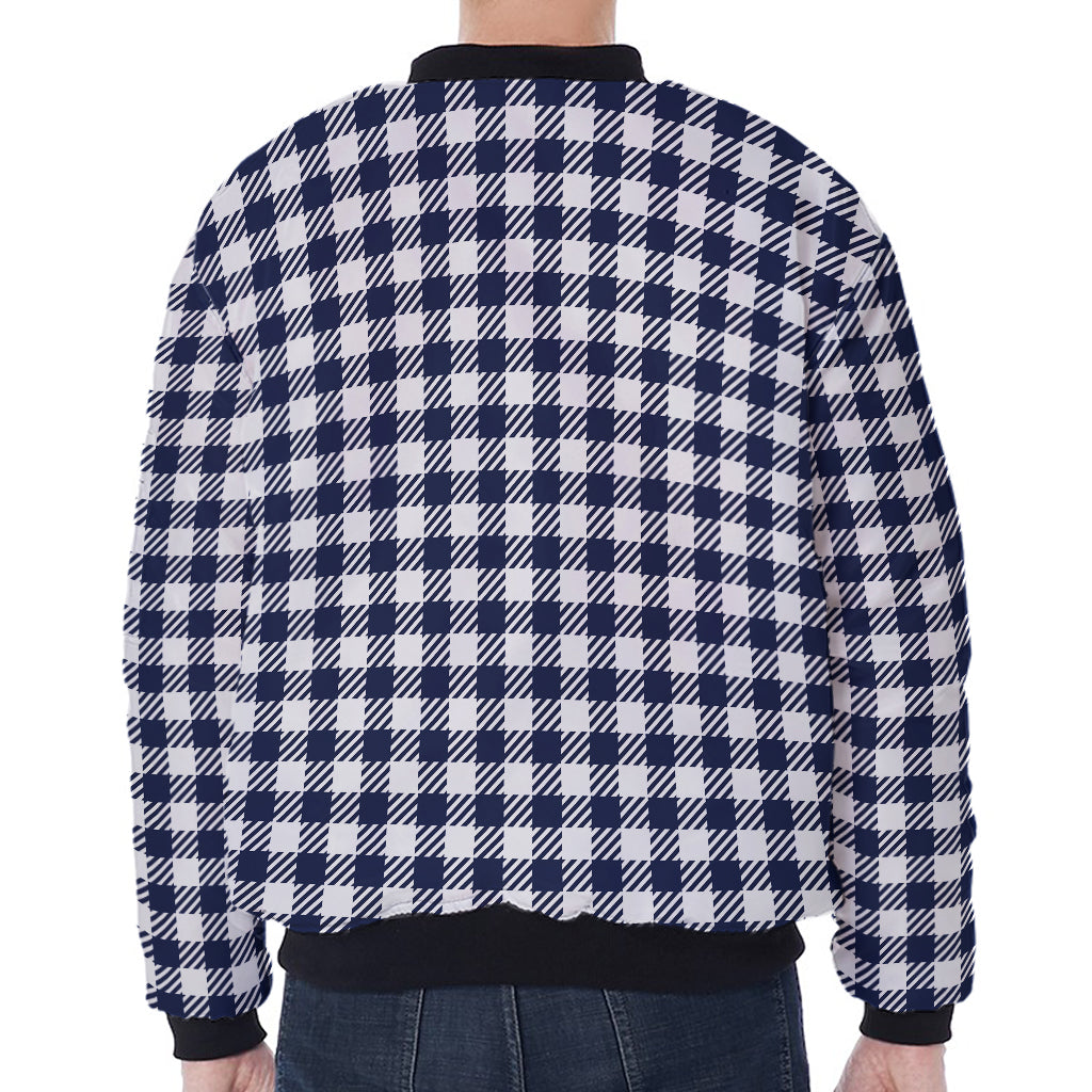 Navy And White Gingham Pattern Print Zip Sleeve Bomber Jacket
