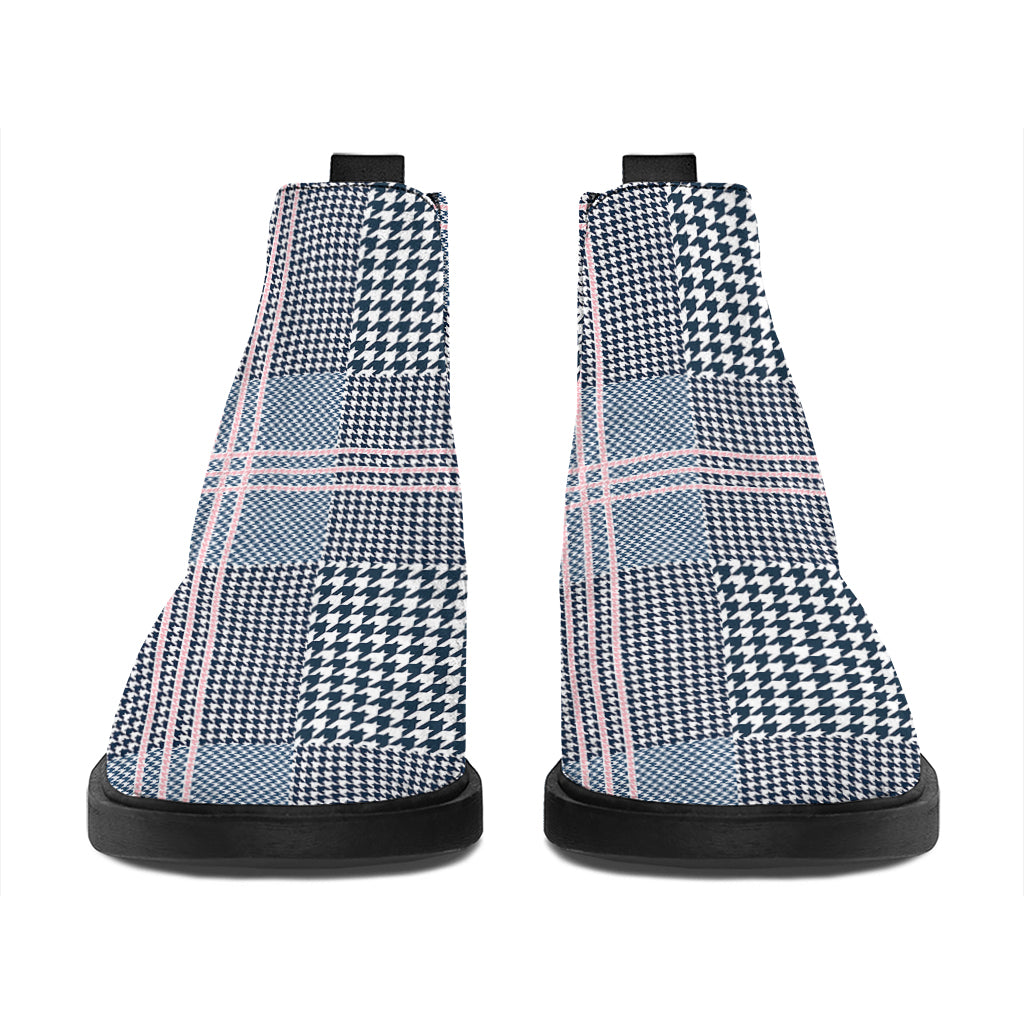 Navy And White Glen Plaid Print Flat Ankle Boots