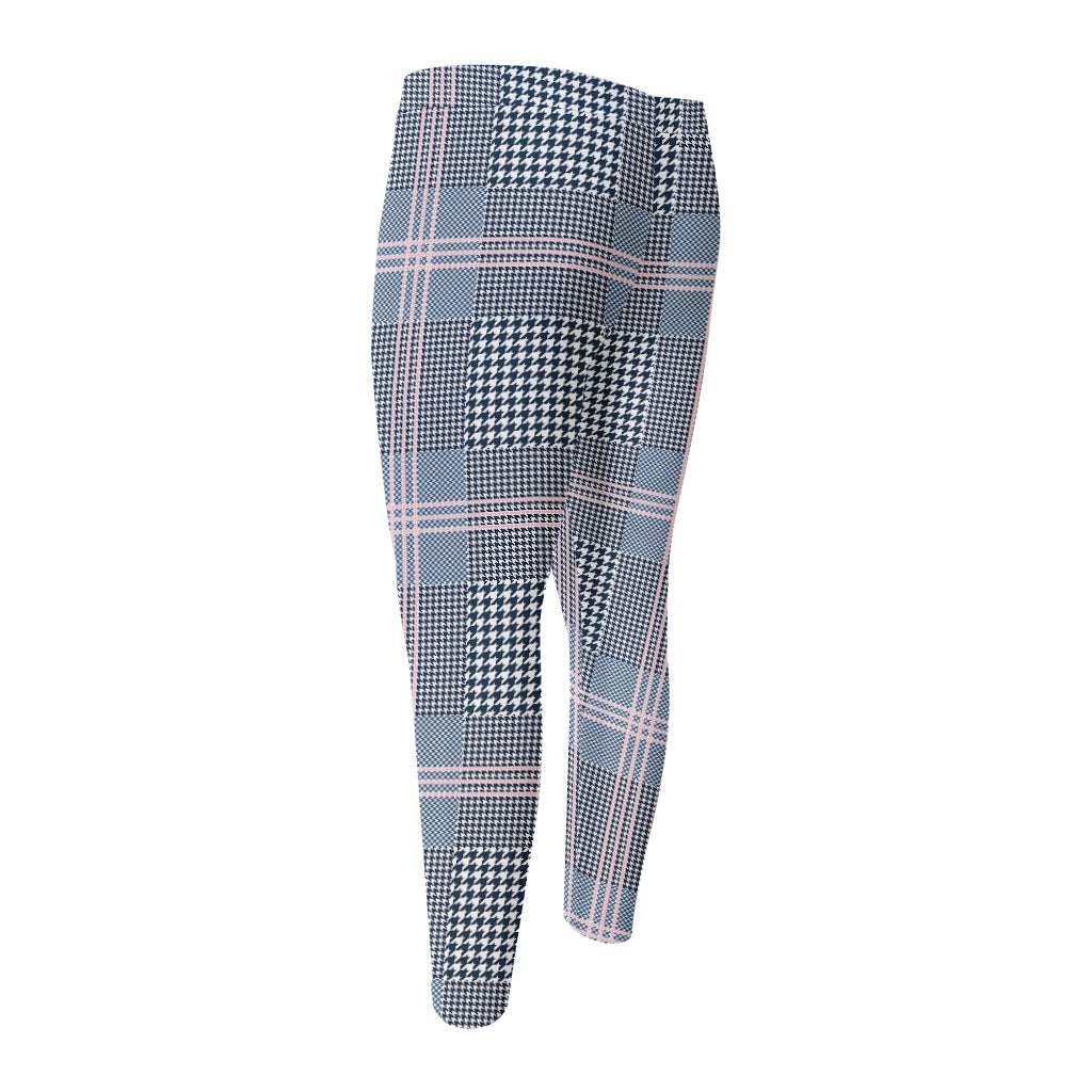 Navy And White Glen Plaid Print Men's Compression Pants