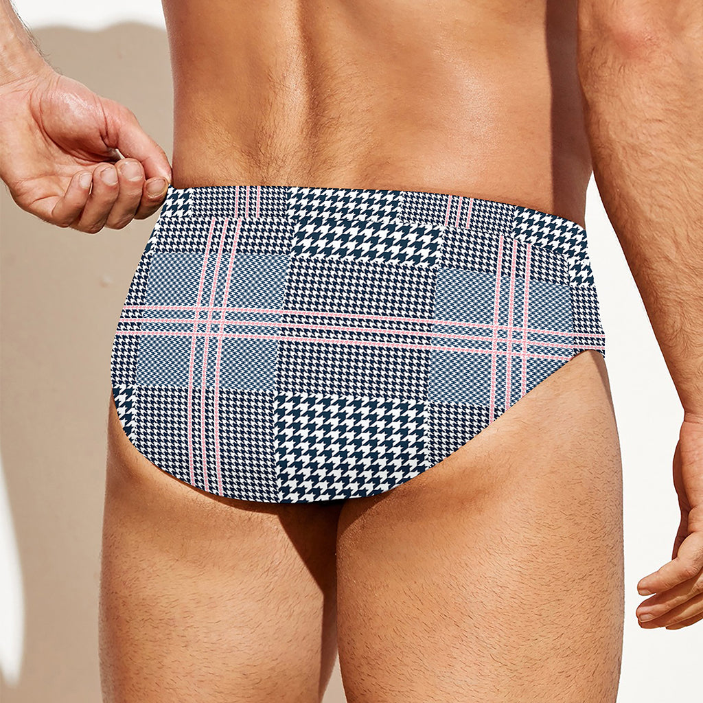 Navy And White Glen Plaid Print Men's Swim Briefs