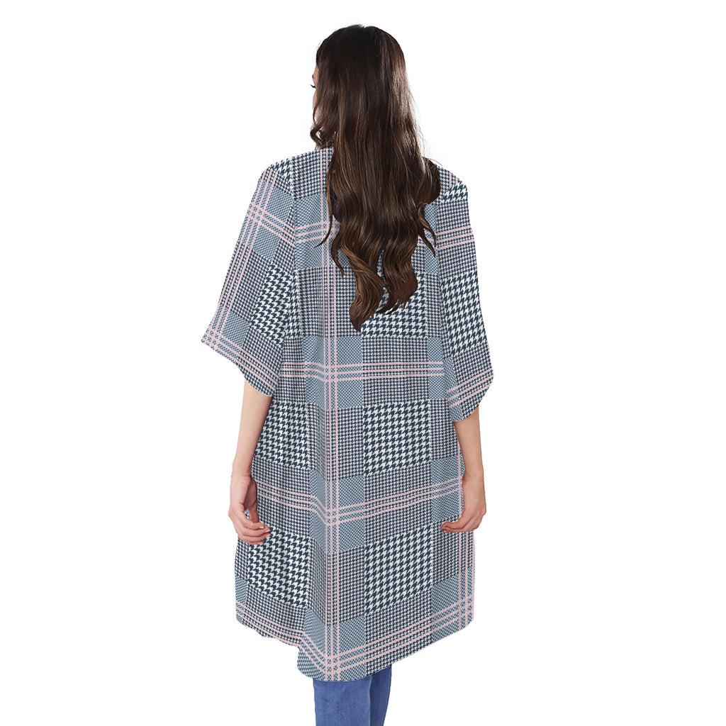 Navy And White Glen Plaid Print Open Front Beach Cover Up