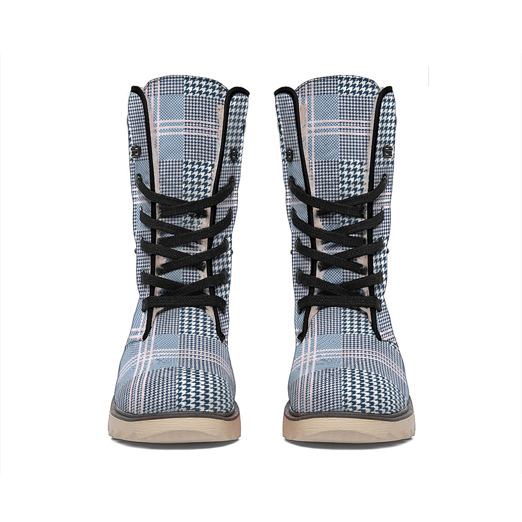 Navy And White Glen Plaid Print Winter Boots
