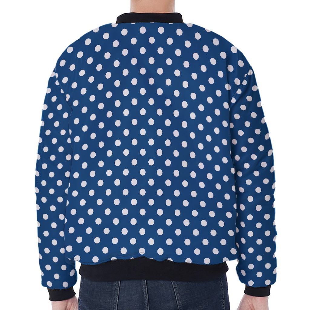Navy And White Polka Dot Pattern Print Zip Sleeve Bomber Jacket
