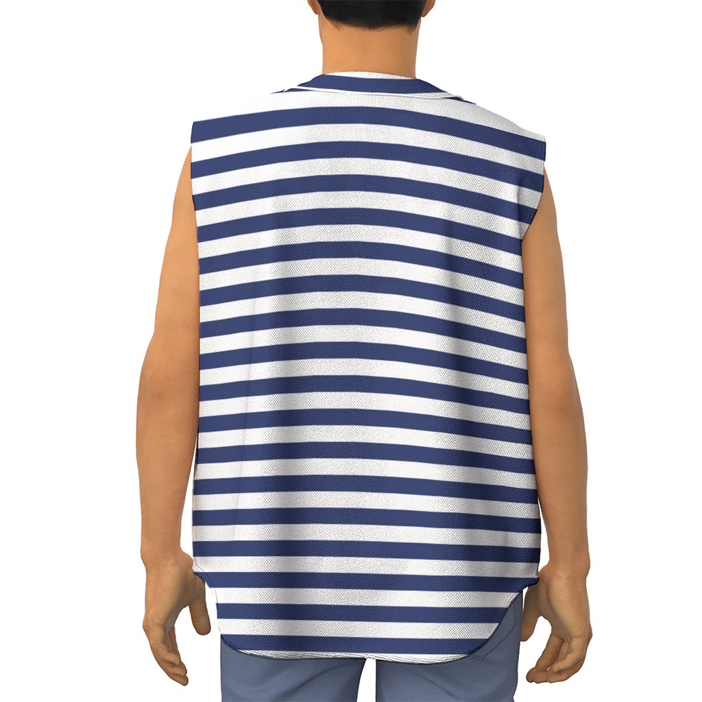 Navy And White Striped Pattern Print Sleeveless Baseball Jersey