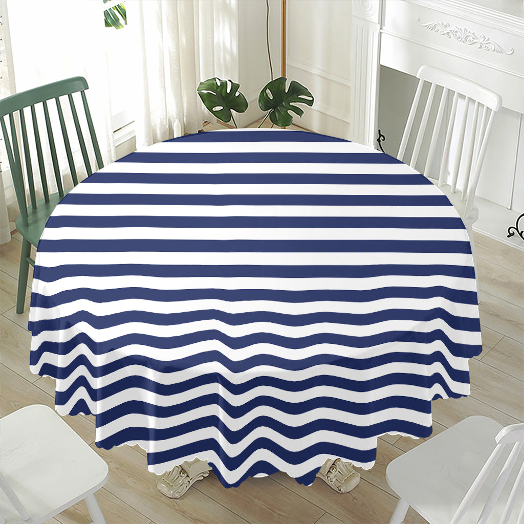 Navy And White Striped Pattern Print Waterproof Round Tablecloth