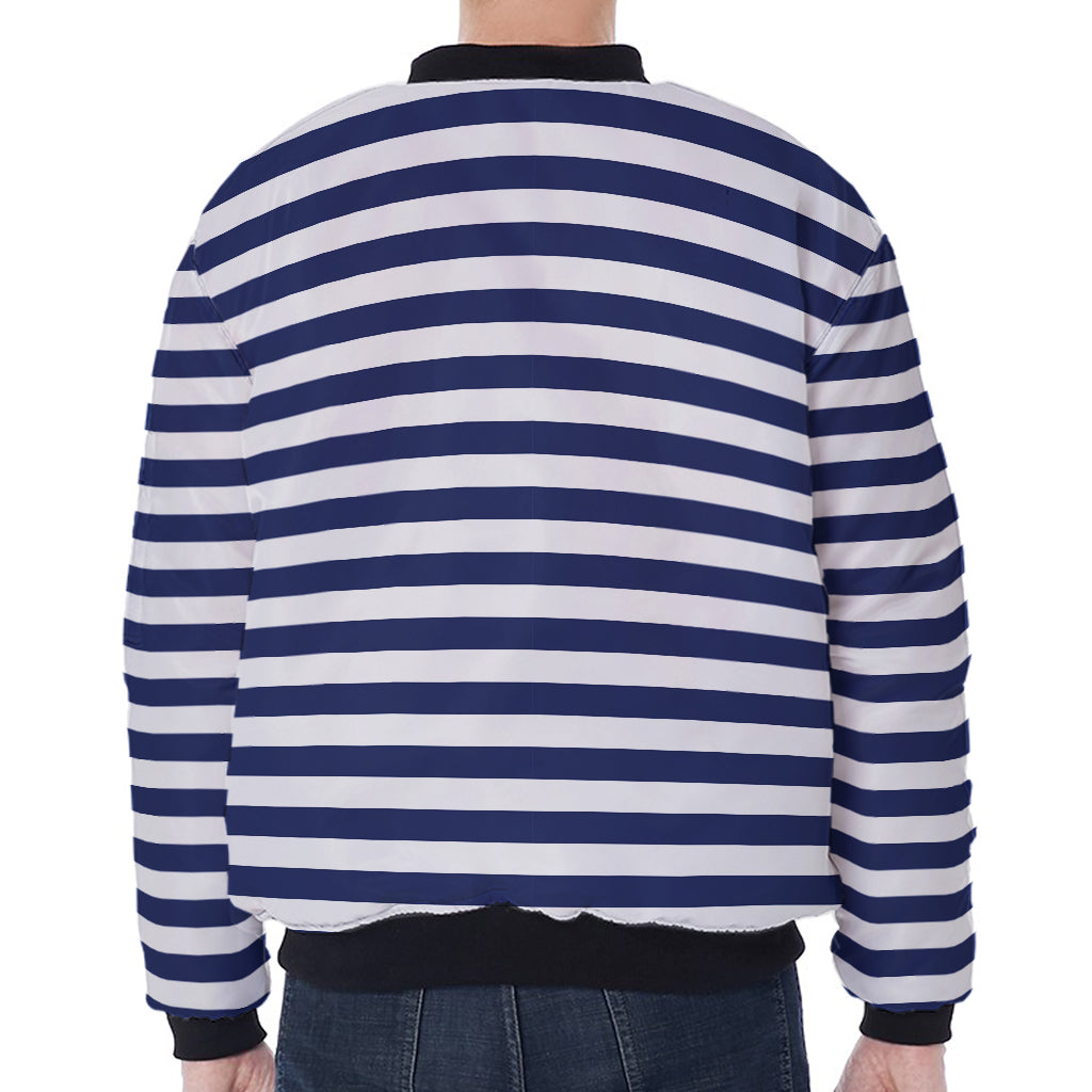 Navy And White Striped Pattern Print Zip Sleeve Bomber Jacket