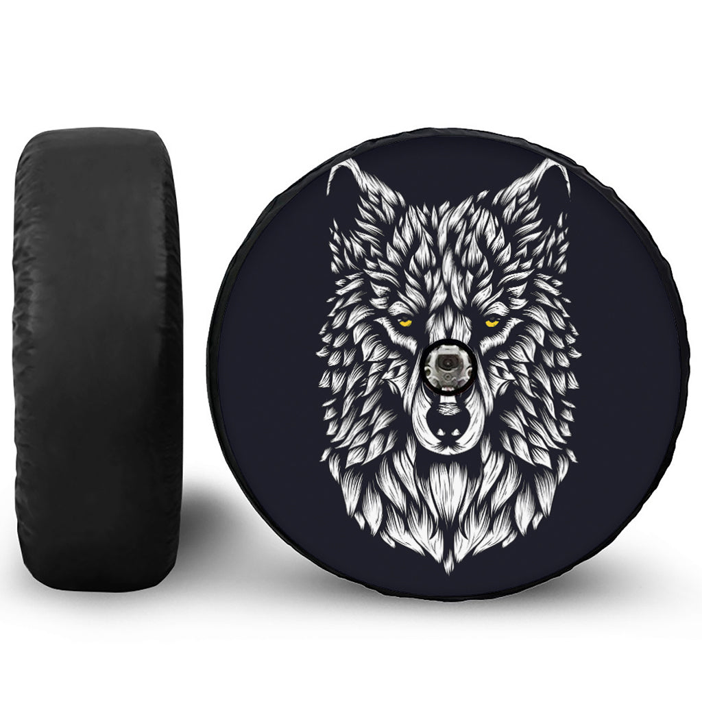 Navy And White Wolf Print Tire Cover With Camera Hole