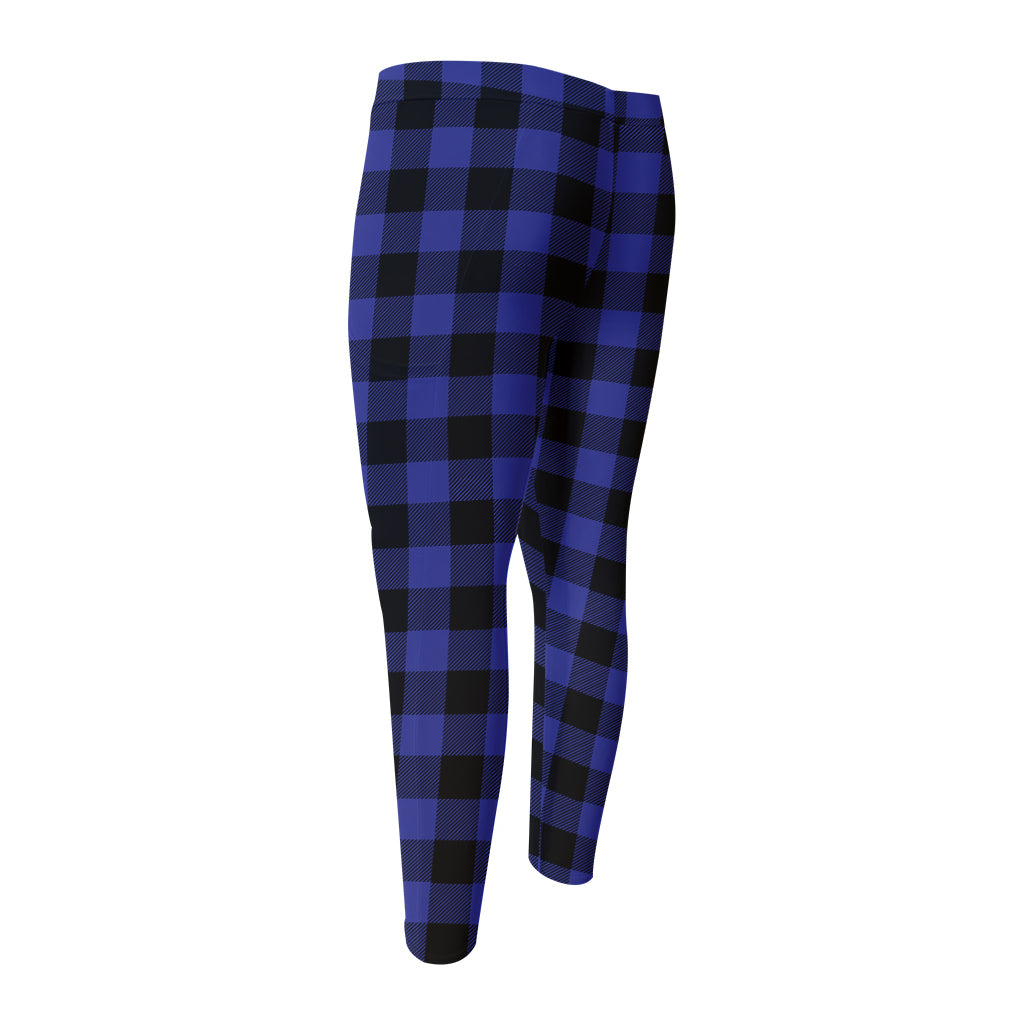 Navy Blue And Black Buffalo Check Print Men's Compression Pants
