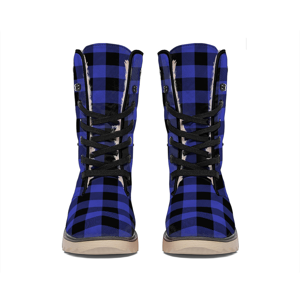 Navy Blue And Black Buffalo Check Print Winter Boots