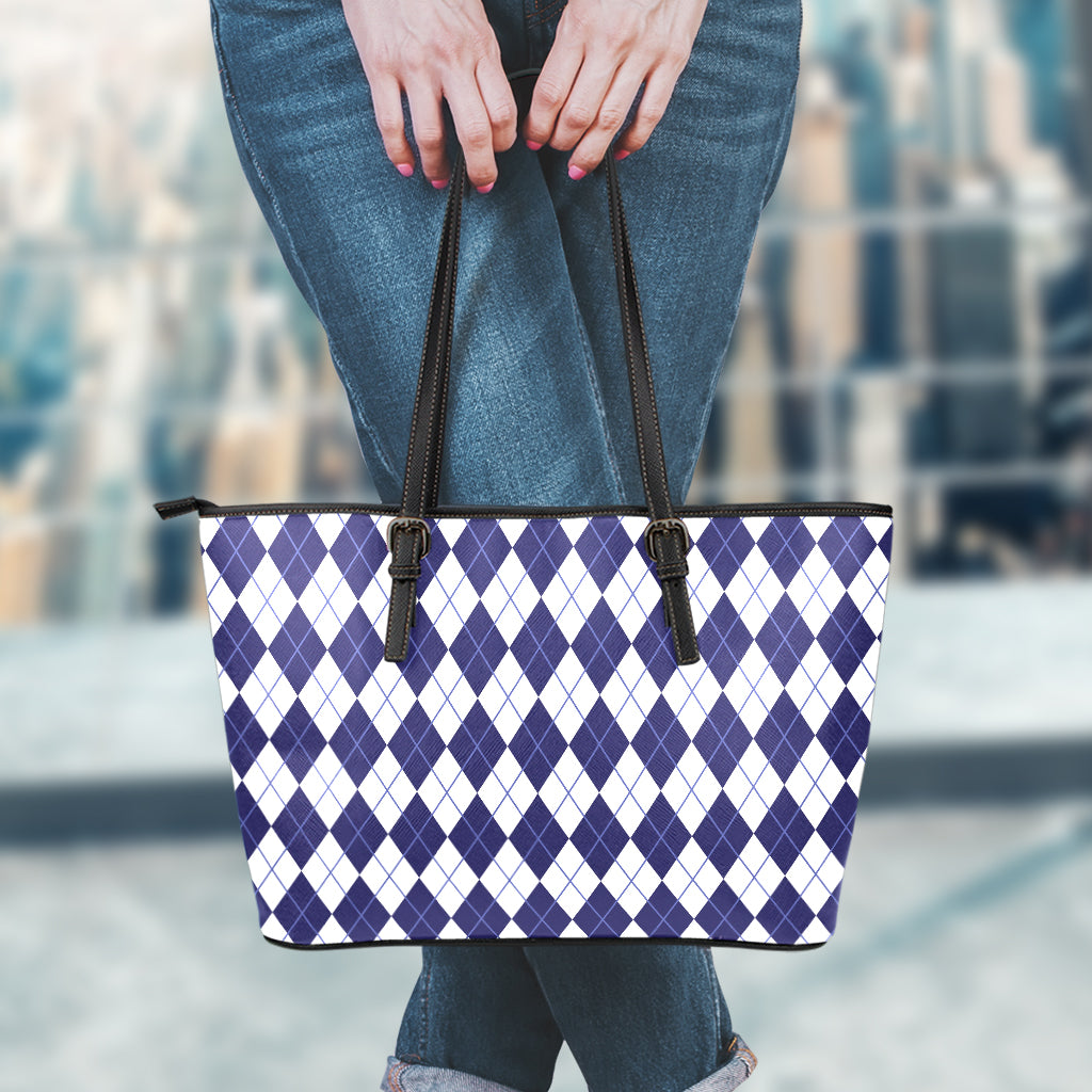 Navy Blue And White Argyle Pattern Print Leather Tote Bag