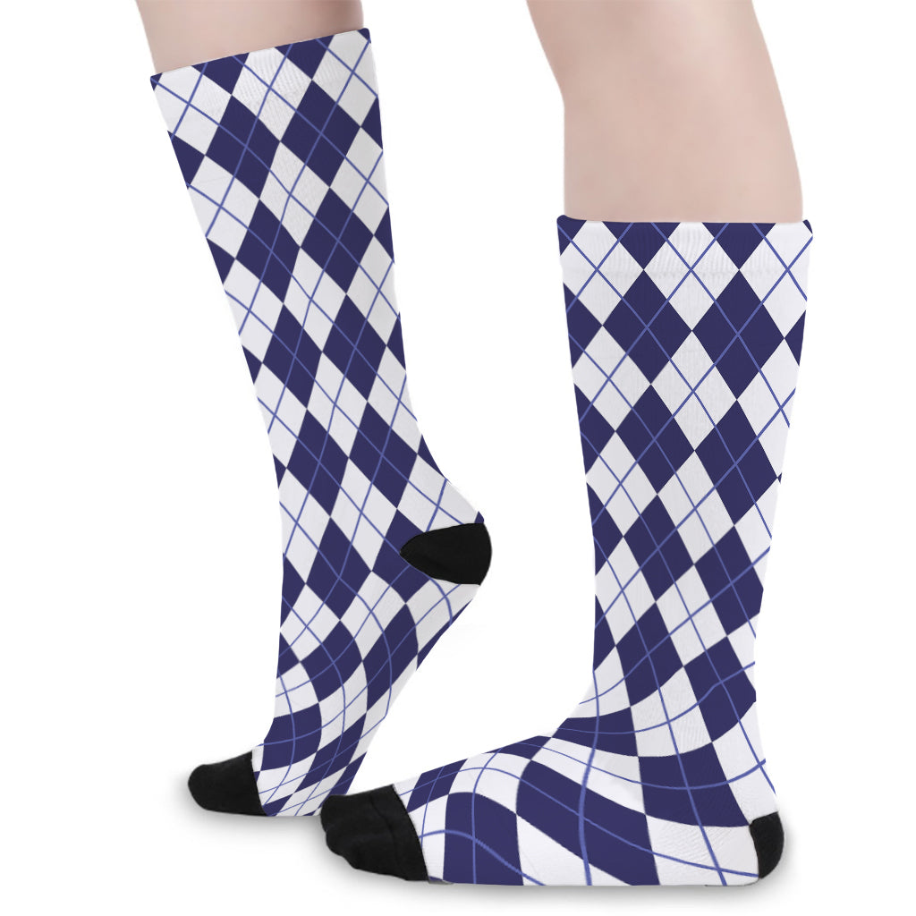 Navy Blue And White Argyle Pattern Print Long Socks