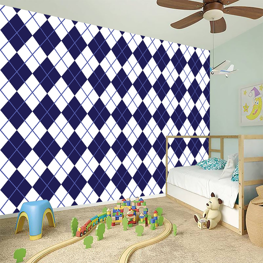 Navy Blue And White Argyle Pattern Print Wall Sticker