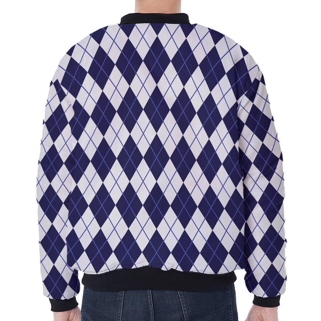 Navy Blue And White Argyle Pattern Print Zip Sleeve Bomber Jacket