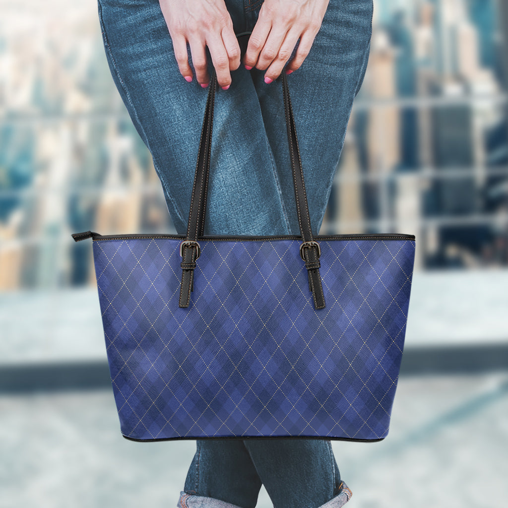 Navy Blue Argyle Pattern Print Leather Tote Bag