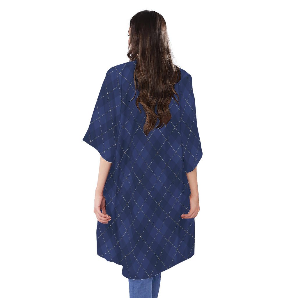Navy Blue Argyle Pattern Print Open Front Beach Cover Up