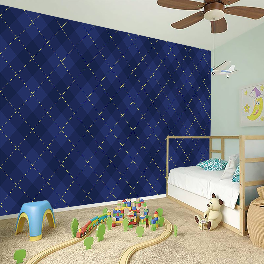 Navy Blue Argyle Pattern Print Wall Sticker