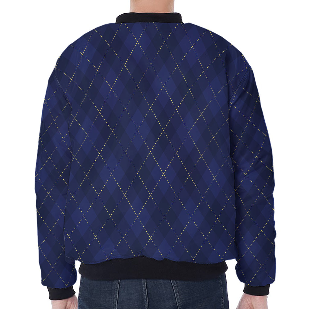 Navy Blue Argyle Pattern Print Zip Sleeve Bomber Jacket
