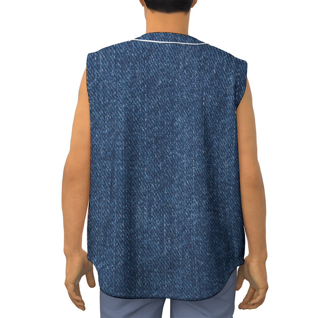 Navy Blue Denim Jeans Print Sleeveless Baseball Jersey