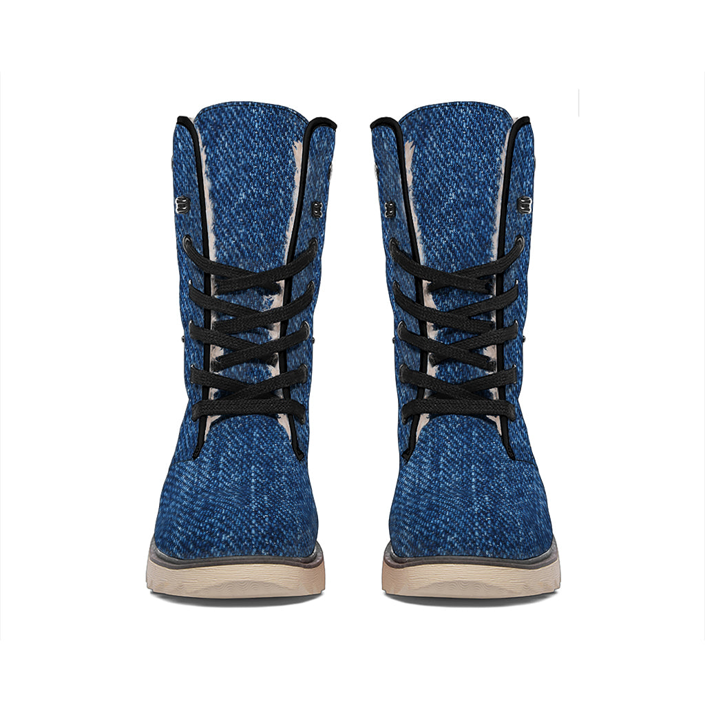 Navy Blue Denim Jeans Print Winter Boots