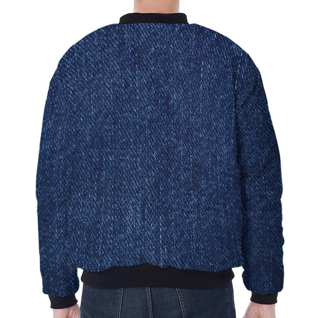 Navy Blue Denim Jeans Print Zip Sleeve Bomber Jacket