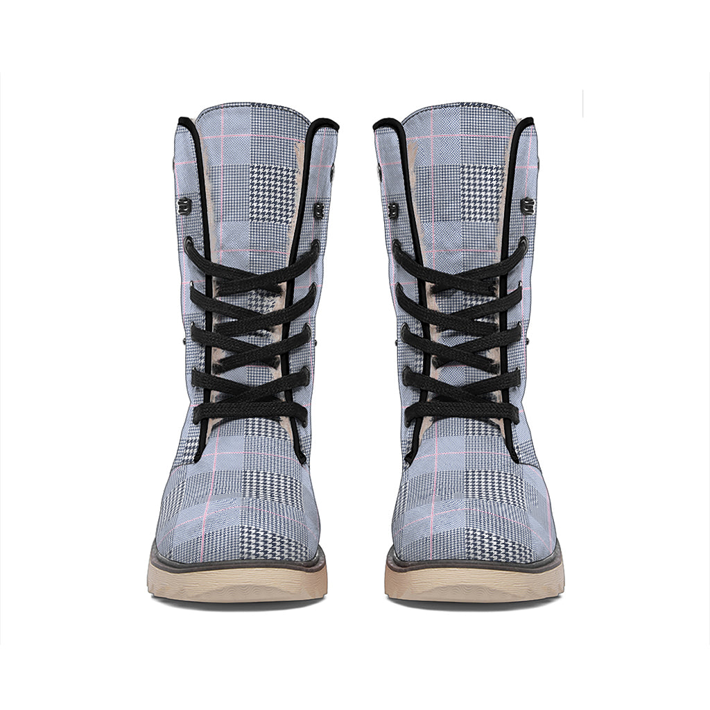 Navy Blue Prince of Wales Check Print Winter Boots