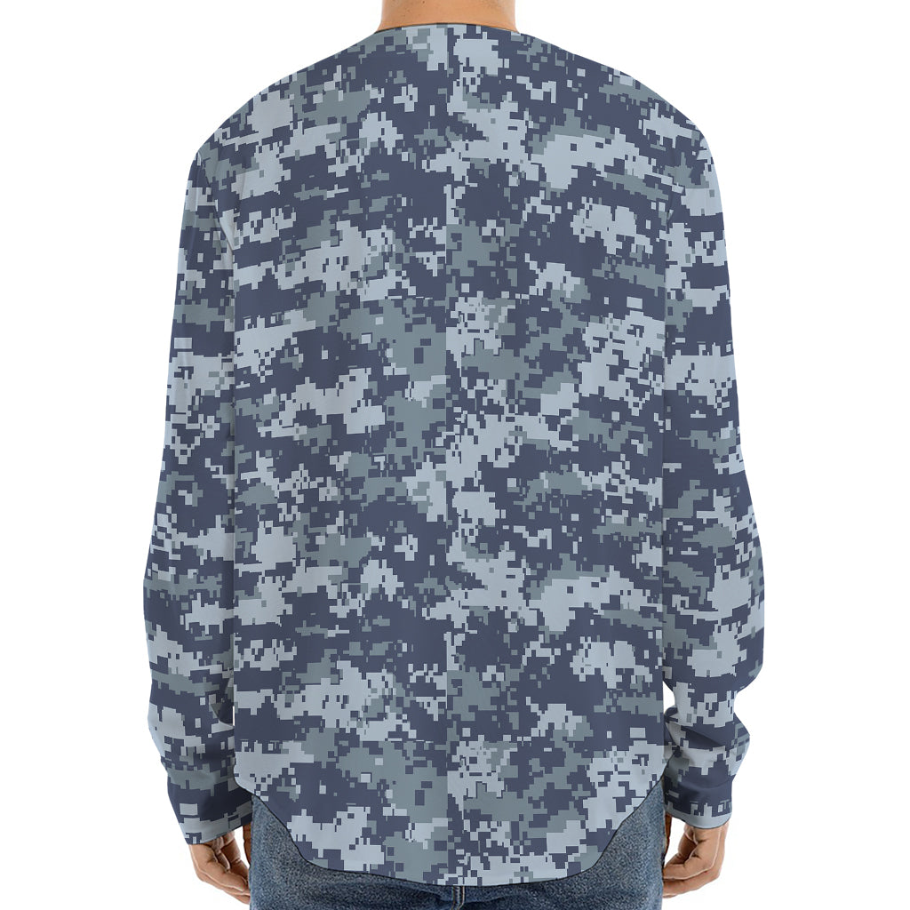 Navy Digital Camo Pattern Print Long Sleeve Baseball Jersey