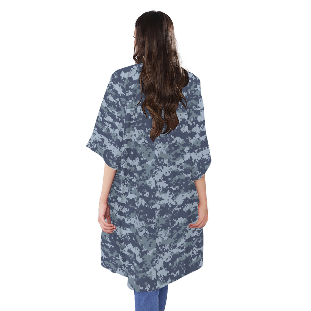 Navy Digital Camo Pattern Print Open Front Beach Cover Up