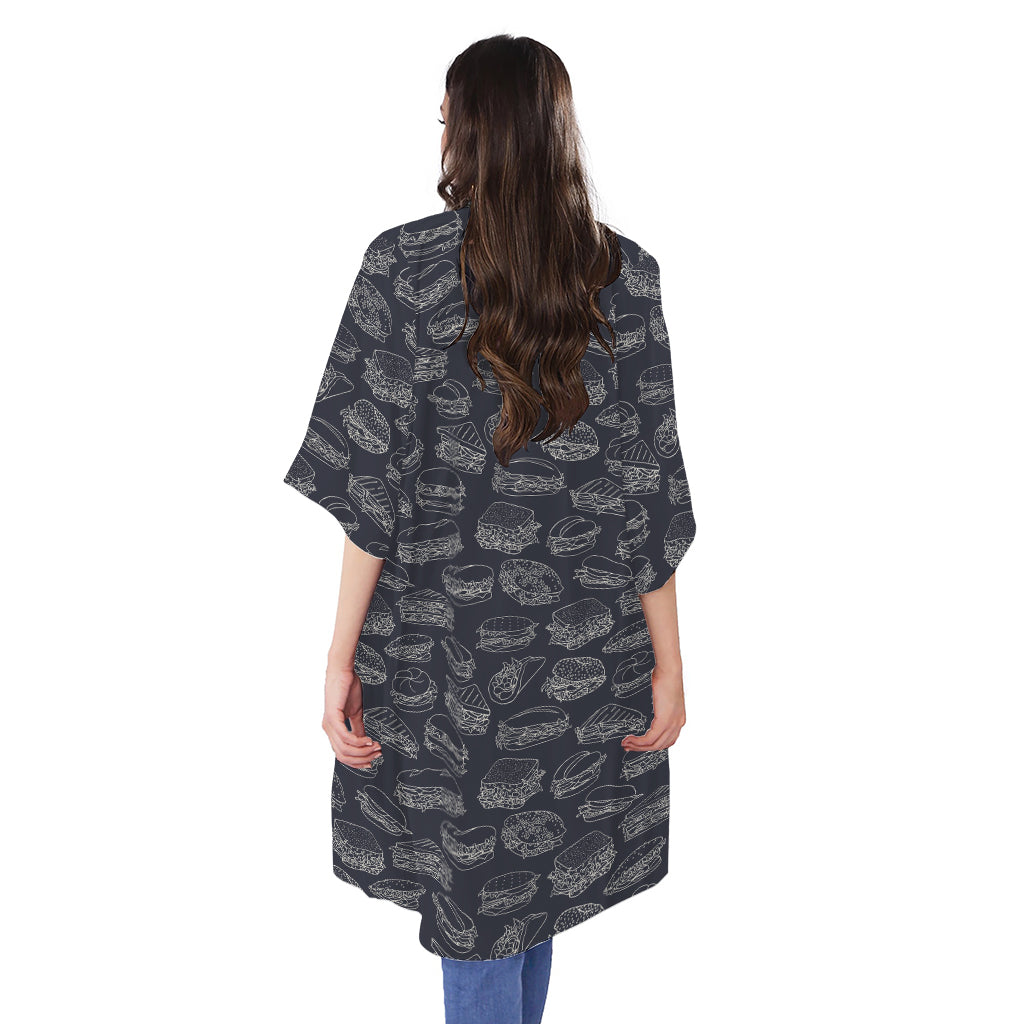 Navy Doodle Sandwich Pattern Print Open Front Beach Cover Up
