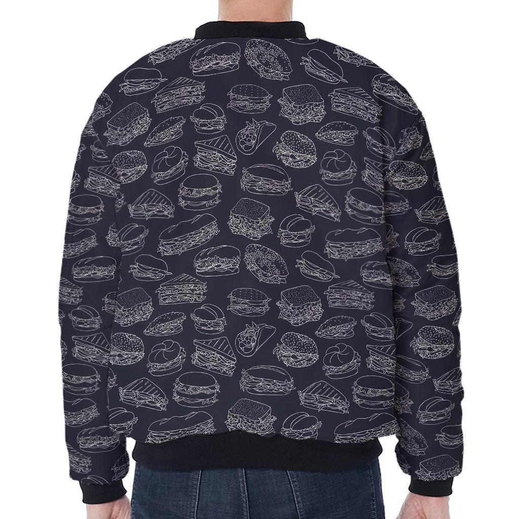 Navy Doodle Sandwich Pattern Print Zip Sleeve Bomber Jacket
