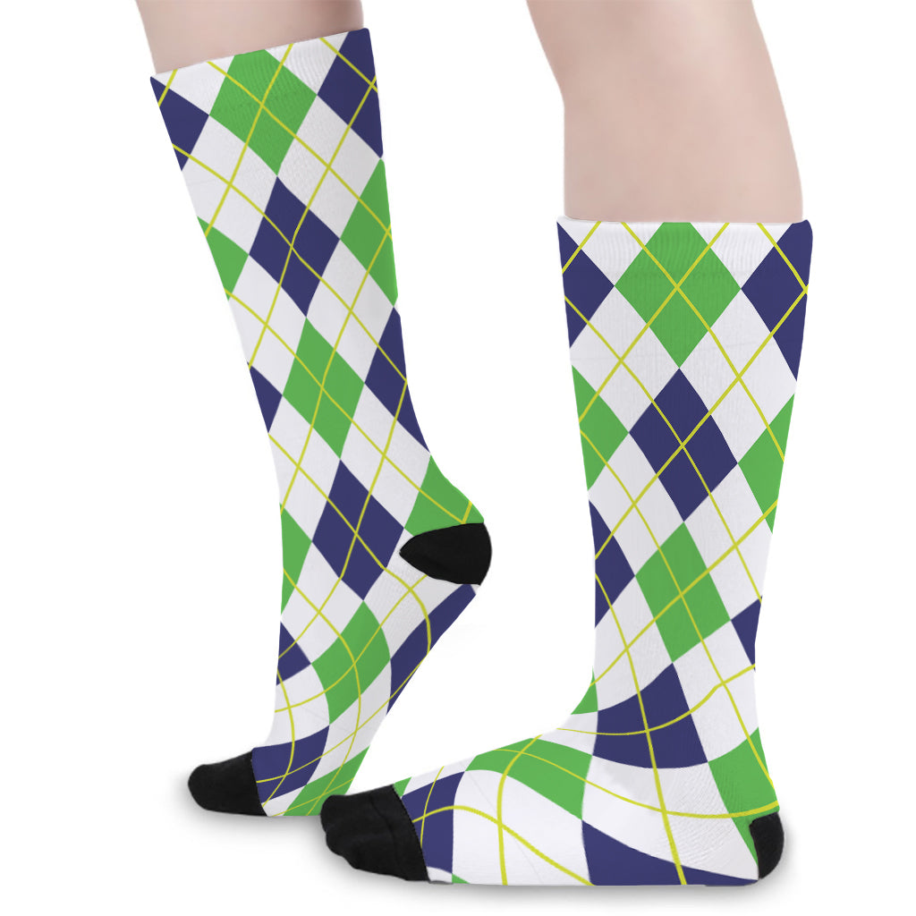 Navy Green And White Argyle Print Long Socks