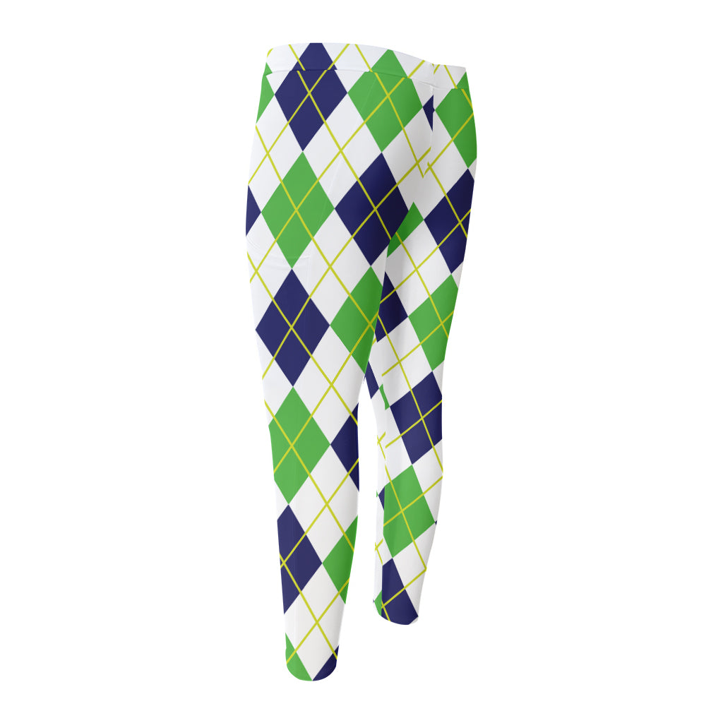 Navy Green And White Argyle Print Men's Compression Pants
