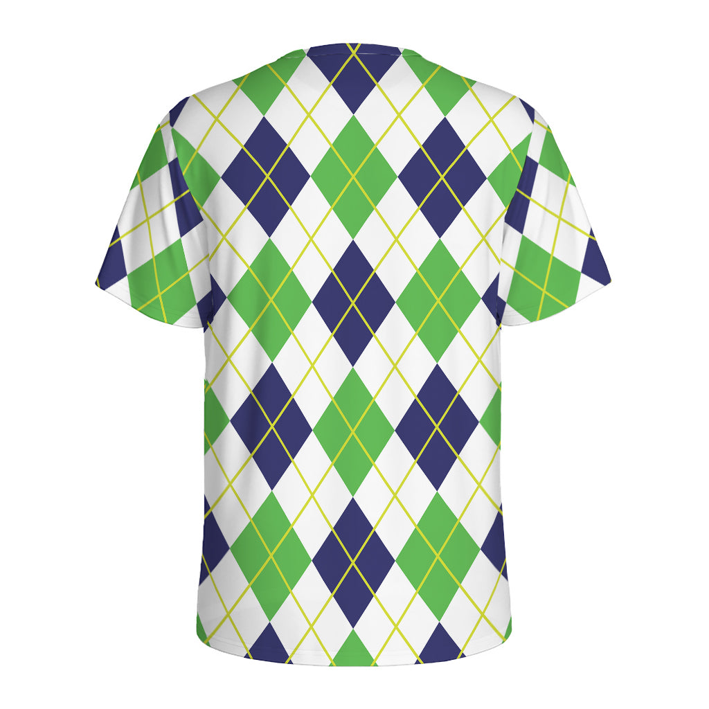 Navy Green And White Argyle Print Men's Sports T-Shirt