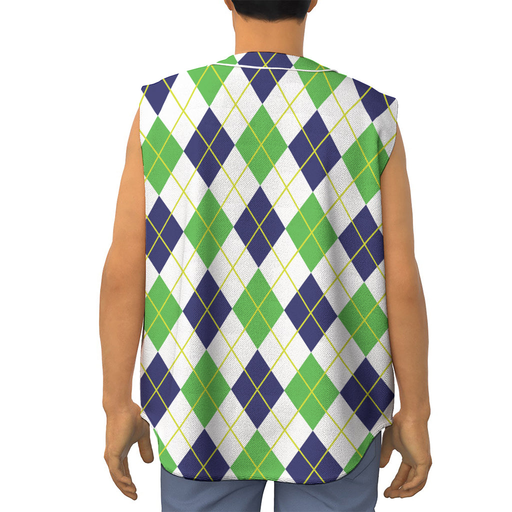 Navy Green And White Argyle Print Sleeveless Baseball Jersey