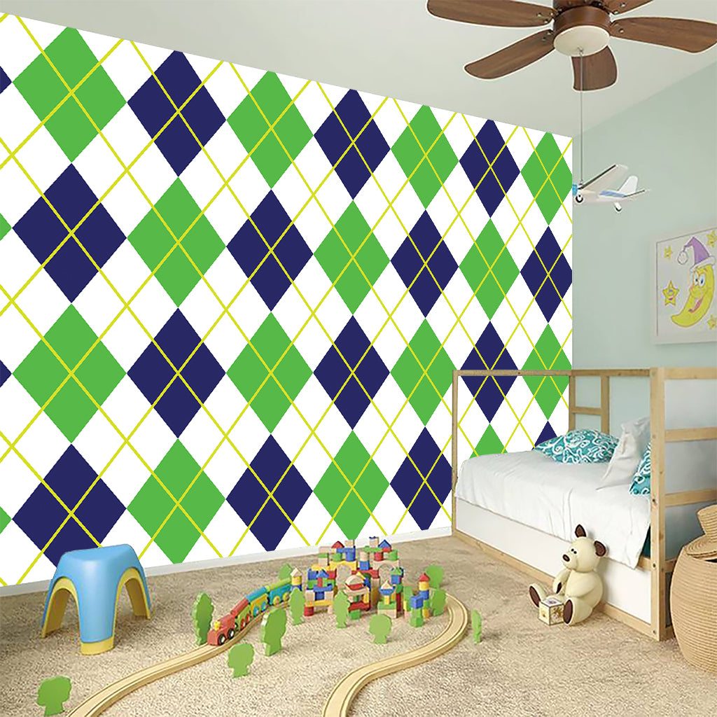 Navy Green And White Argyle Print Wall Sticker
