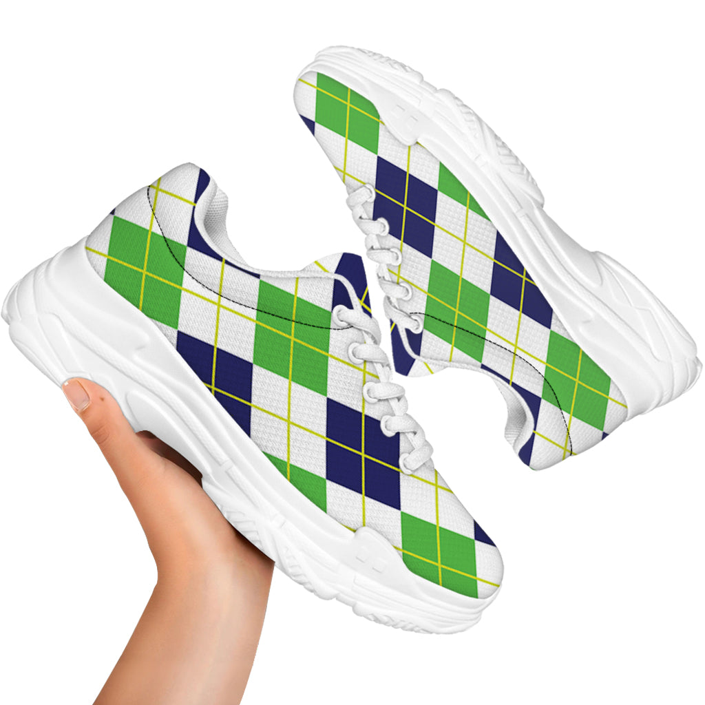 Navy Green And White Argyle Print White Chunky Shoes