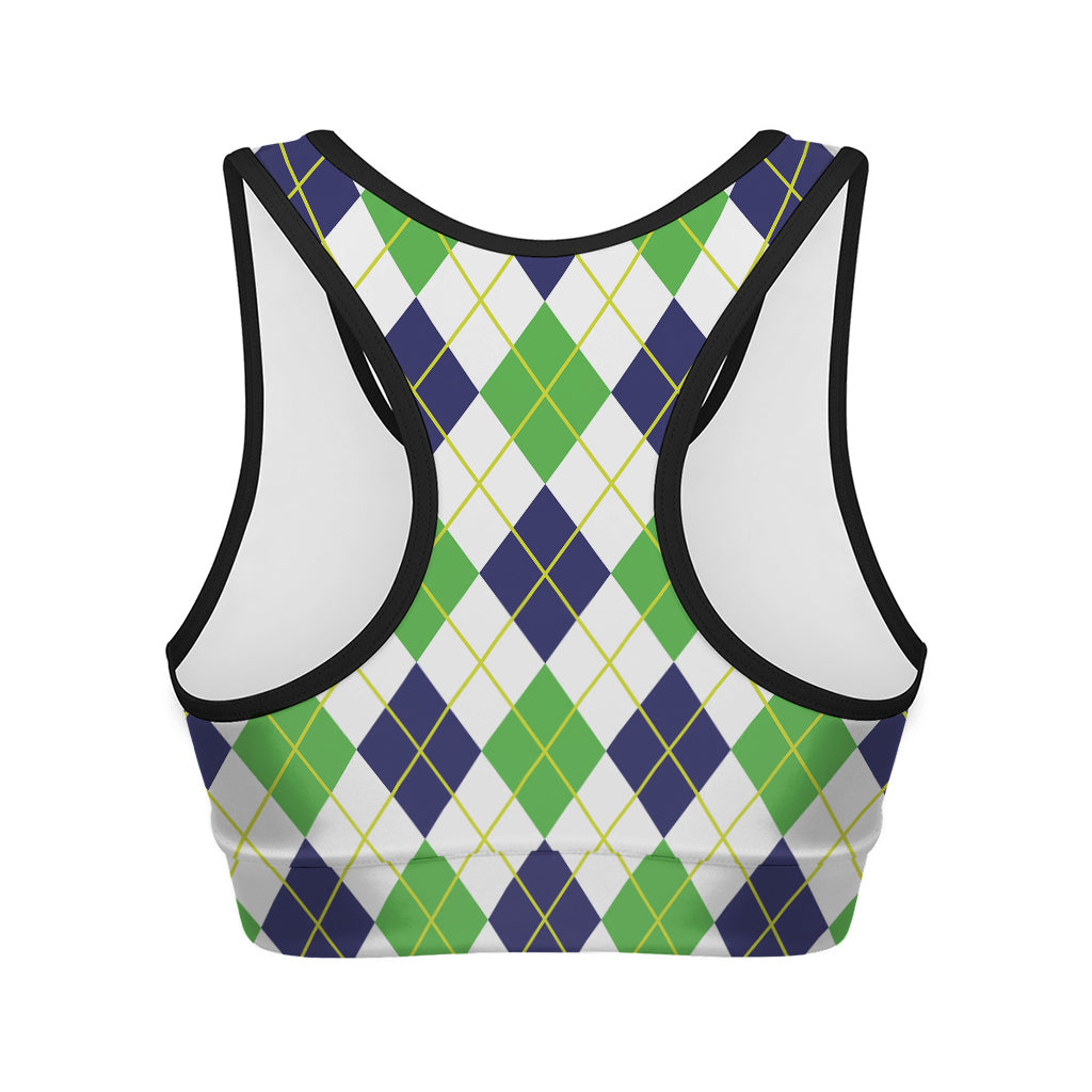 Navy Green And White Argyle Print Women's Sports Bra