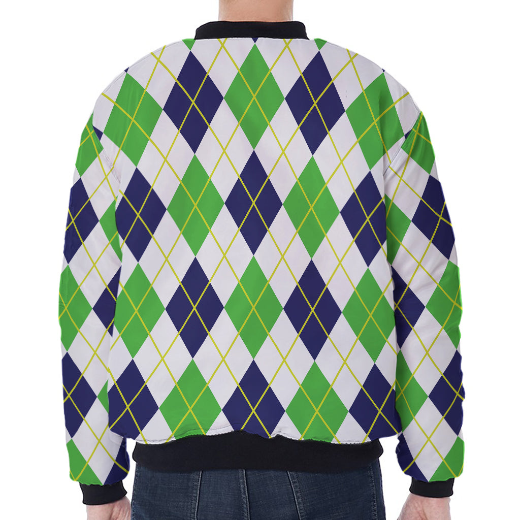 Navy Green And White Argyle Print Zip Sleeve Bomber Jacket