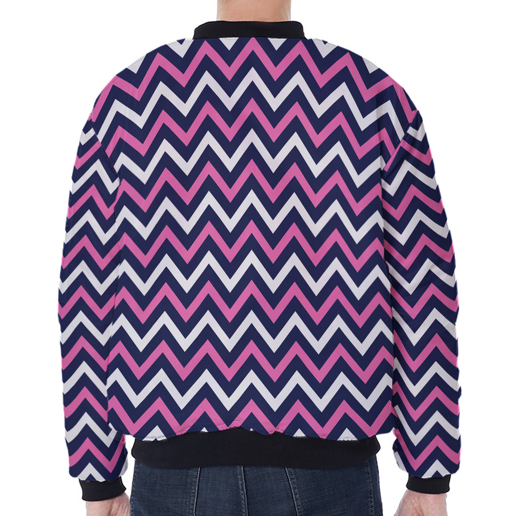 Navy Pink And White Chevron Print Zip Sleeve Bomber Jacket