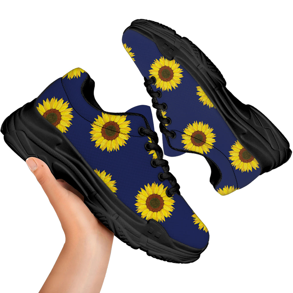 Navy Sunflower Pattern Print Black Chunky Shoes