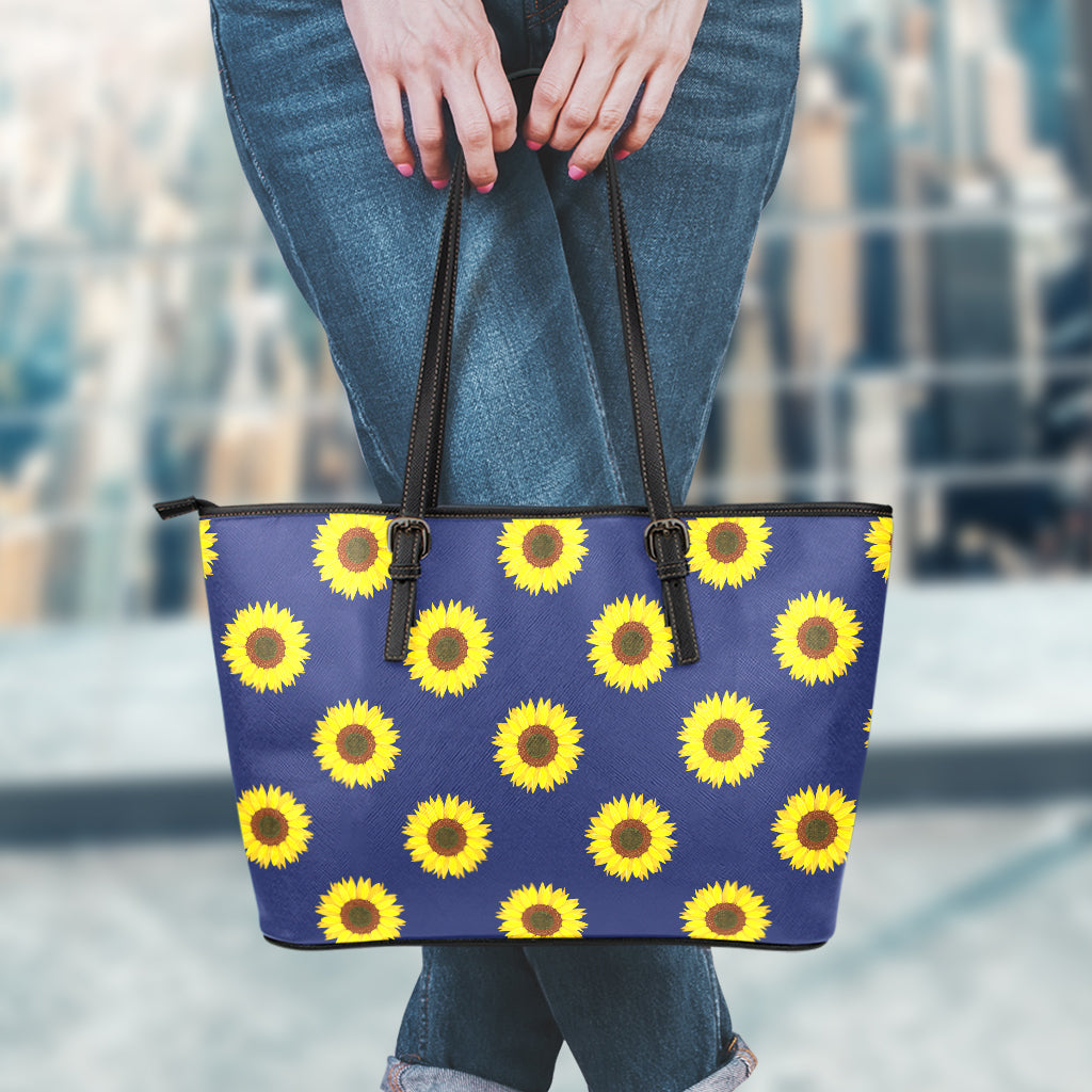 Navy Sunflower Pattern Print Leather Tote Bag