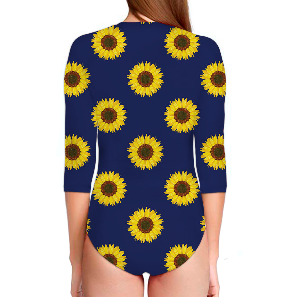 Navy Sunflower Pattern Print Long Sleeve Swimsuit