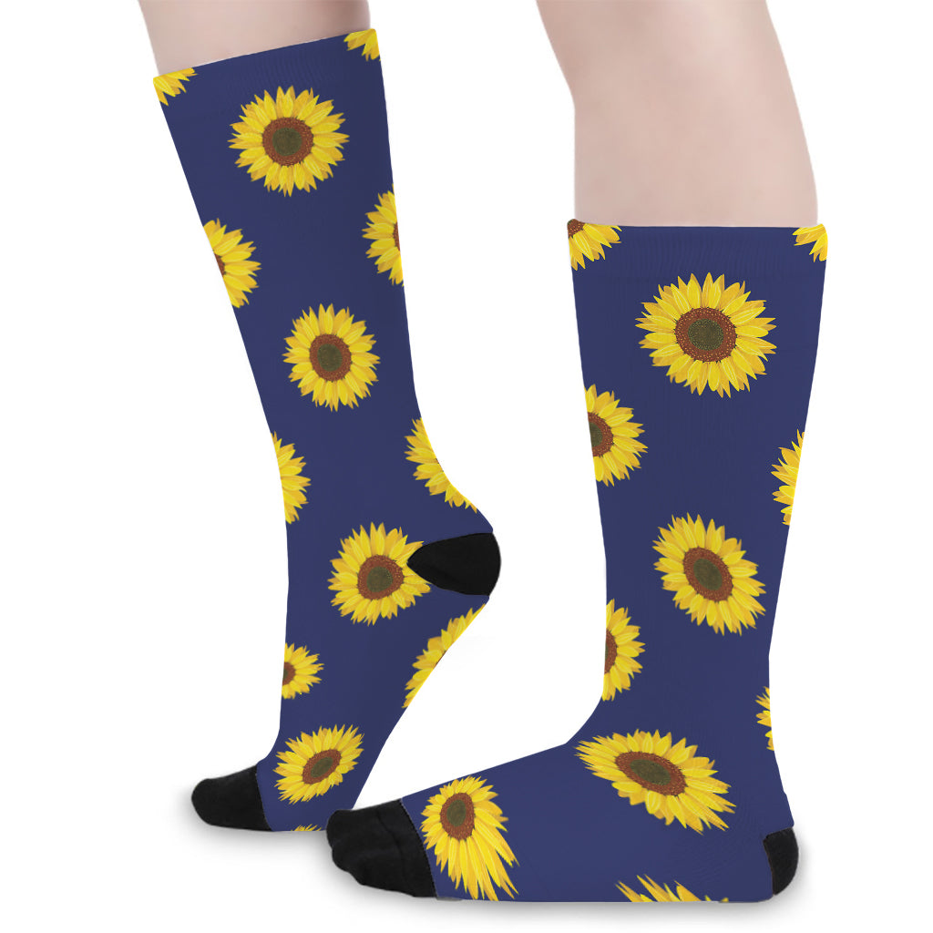 Navy Sunflower Pattern Print Long Socks