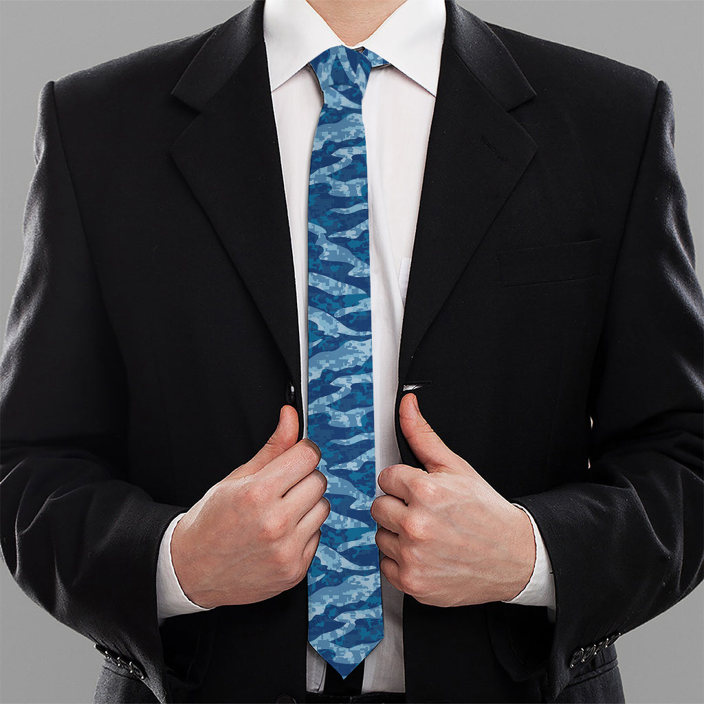 Navy Tiger Stripe Camo Pattern Print Necktie