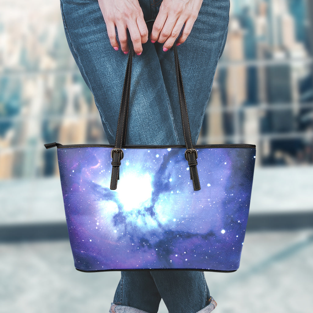 Nebula Space Print Leather Tote Bag
