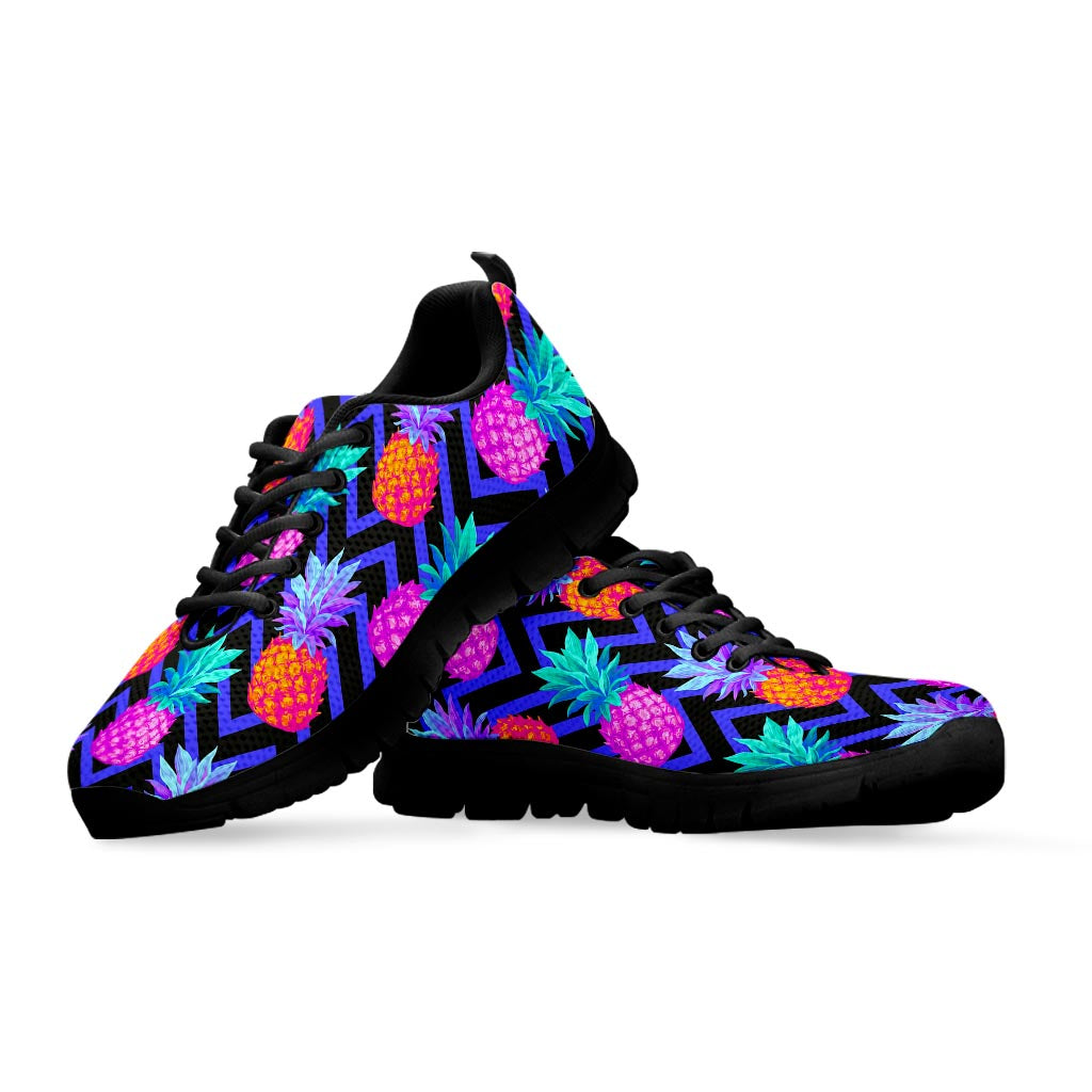 Neon EDM Zig Zag Pineapple Pattern Print Black Running Shoes
