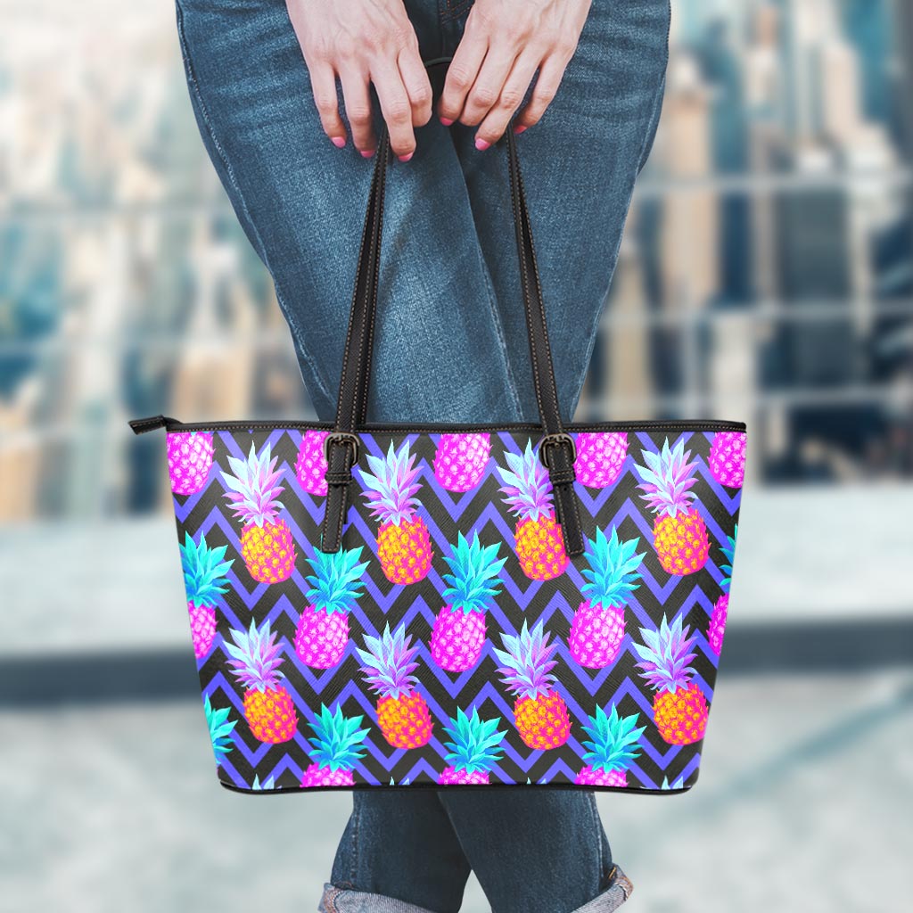 Neon EDM Zig Zag Pineapple Pattern Print Leather Tote Bag